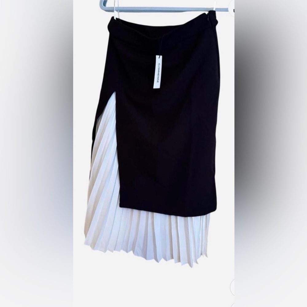 Black and White Pleated Asymmetric Midi Skirt
